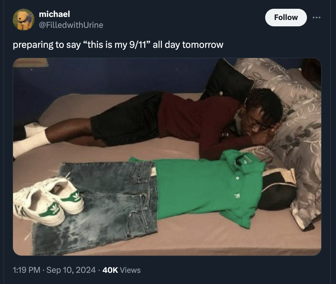 kid sleeping next to clothes - michael preparing to say "this is my 911" all day tomorrow 40K Views